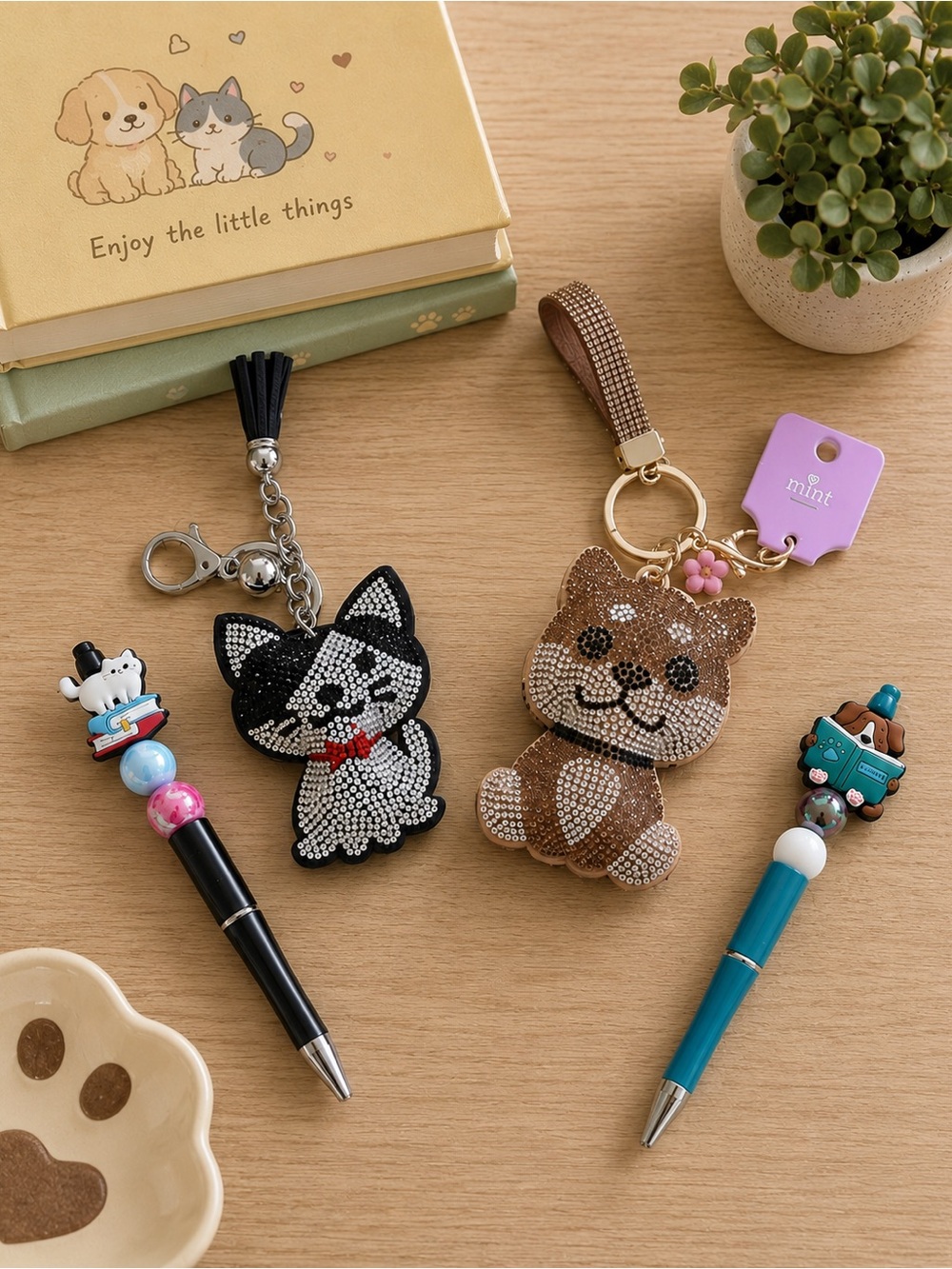 Crystal Dog and Cat Keychain Charms handmade with Beaded dog & cat reading Pens